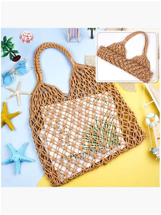 Cotton Rope Woven Shoulder Bag Macrame Mesh Beach Purse Hobo - Picture 5 of 7